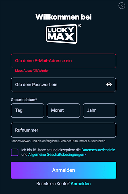 Anleitung zur Registrierung bei LuckyMax